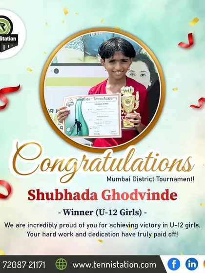 We celebrate Shubhada Ghodvinde's win in the U-12 Girls category at the Mumbai District Tournament. Our players consistently perform at a high level, thanks to their commitment and our coaches' guidance.