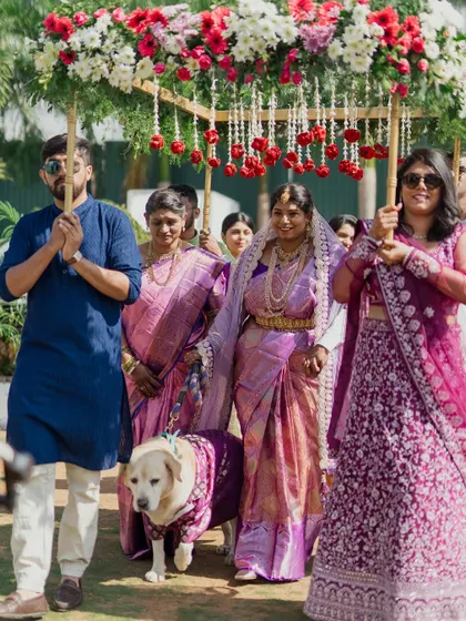 The bride's grand entrance under a beautiful floral canopy, or 'phoolon ki chadar'. Even the family dog, dressed in a matching outfit, is part of the celebration, a heartwarming detail we love to incorporate.