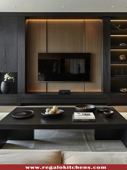 A bold, all-black entertainment center. The design includes a mix of closed cabinets and illuminated open shelving, creating a powerful and organized focal point.