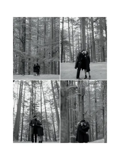 A collage of black and white photos from a forest shoot in Manali. The tall trees create a dramatic, almost cathedral-like setting for these romantic portraits.