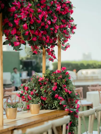 A close-up of the bougainvillea canopy, showing how we create a lush, natural, and colorful overhead installation.