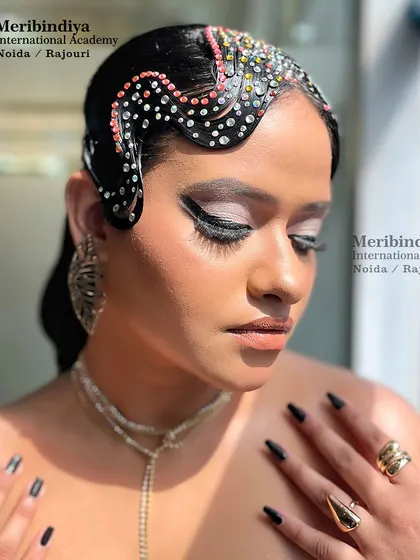 This image captures the glamorous and artistic feel of the jeweled retro hairstyle under natural light.