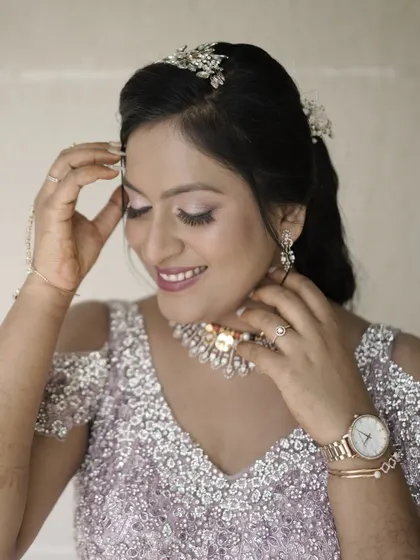 A close-up of the "princess vibes" look. The soft, shimmering makeup and delicate tiara create a look that is truly fit for a fairytale.