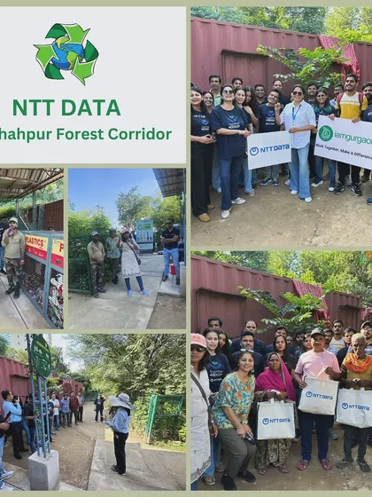 A collage from World Clean Up Day, where 32 volunteers from NTT Data collected 10 kg of plastic and glass waste and learned about the importance of waste segregation.