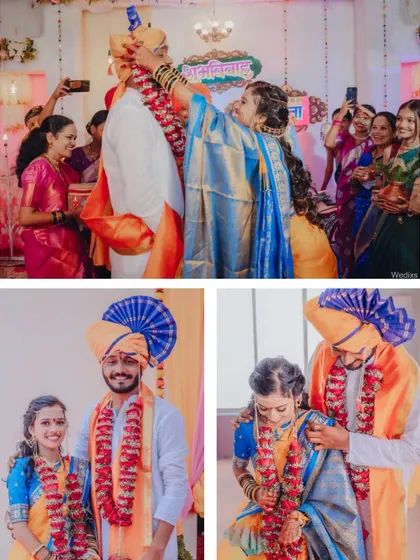 A collage showcasing various moments from a Maharashtrian wedding, including the garland exchange and couple portraits.