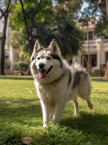 A beautiful Husky enjoying the open space in a nearby park. We provide plenty of opportunities for zoomies in safe, grassy areas.