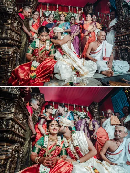 A collage of candid moments from a wedding ceremony, including a sweet kiss on the cheek from the groom.