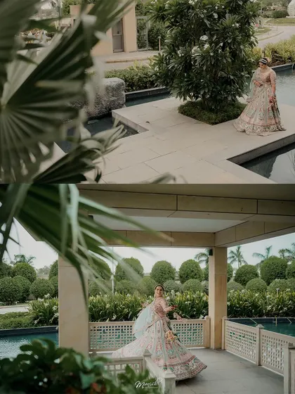 A collage of artistic bridal portraits, using the natural surroundings and architecture to create stunning compositions.