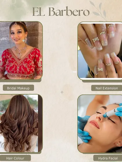We offer a wide range of beauty services. This graphic showcases our expertise in bridal makeup, hair color, nail extensions, and hydra facials.