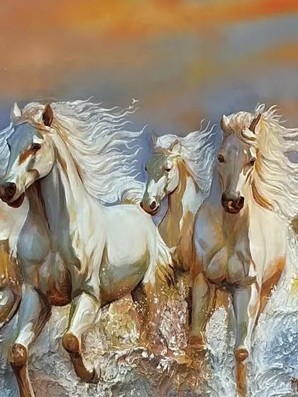 The full composition of the seven horses, showing the dynamic arrangement and the beautiful gradient of the sky, from warm orange to a soft blue.