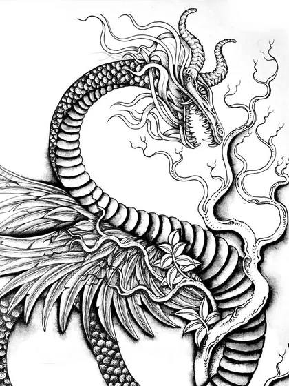 A hybrid creature that is part snake, part dragon, and part bird. This piece was designed as a tattoo and shows how I combine elements from different animals to create something new and mythic.