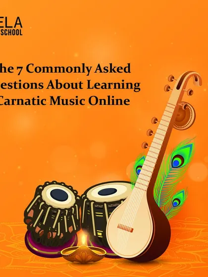 An image of a sitar and tabla, representing the core of Indian classical music. This graphic promotes my blog, which answers common questions about learning Carnatic music online.