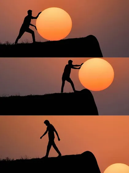 A creative and inspiring silhouette sequence showing a person pushing the sun over a cliff, a brilliant example of forced perspective photography.