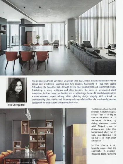 A profile of our design director, Ritu Goregaoker, alongside images of 'The Grey House'. The feature highlights our firm's philosophy of blending functionality with aesthetics in a minimalist context.