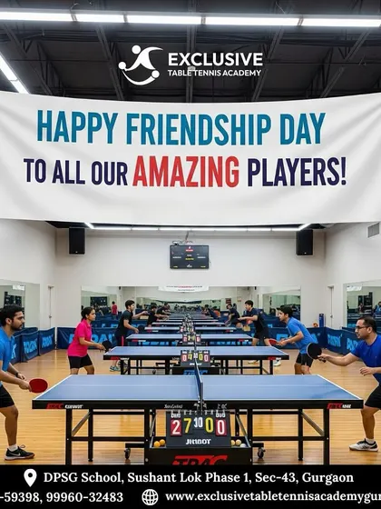 Our academy is more than just a place to play, it's a community. This wide view of our indoor facility shows multiple tables in action, capturing the vibrant and friendly atmosphere we foster among our players.