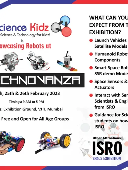 The official announcement for our participation in VJTI's Technovanza, where we showcased our robots alongside the ISRO space exhibition.