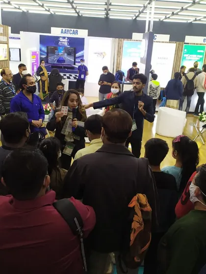A wide view of the performance area, showing how my act creates a focal point of activity and draws people in from the aisles.