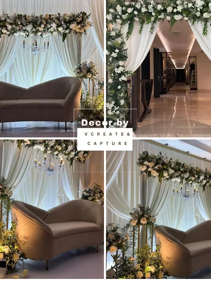 A collage showcasing a sophisticated engagement setup in off-white and green, featuring elegant draping, a modern sofa, and lush florals.