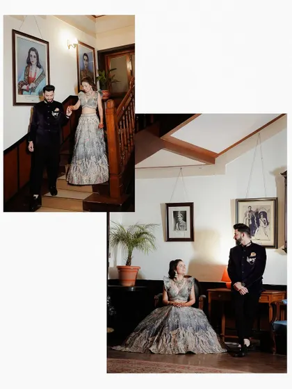 A collage of the couple on the staircase, capturing their royal look and the grandeur of the venue.