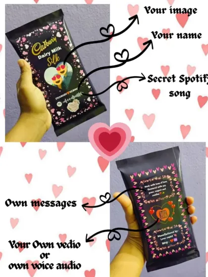 This image shows all the ways you can personalize a chocolate bar for your loved one. Add your image, name, a secret Spotify song, and even a personal message.
