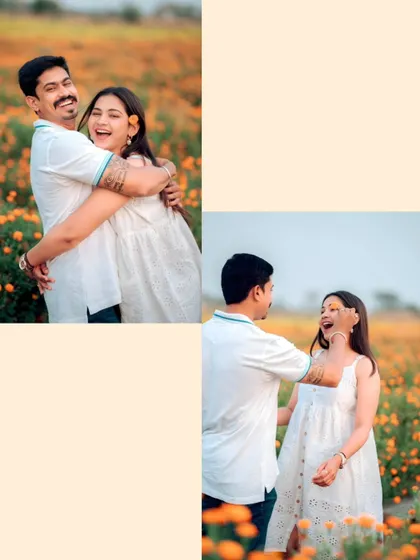 This collage captures the playful and candid moments from a shoot in a flower field. The genuine laughter and joyful embraces show the fun side of a couple's relationship, which I always aim to bring out during our sessions.