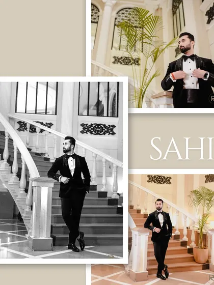 A collage of the groom looking sharp in his tuxedo. These portraits, taken on a grand staircase, have a classic, debonair feel.