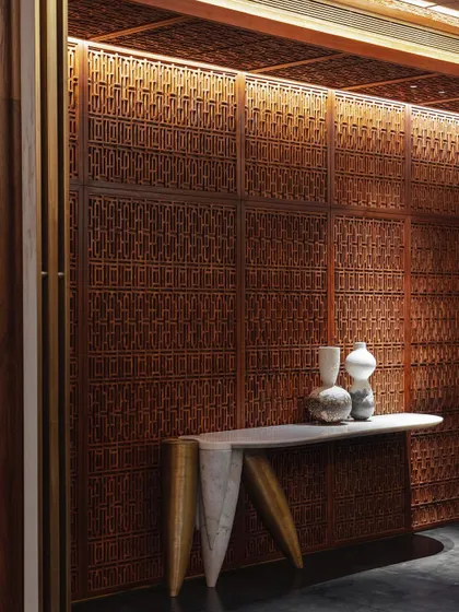 The exquisite Pinjirakari lattice work of the dining room, featured in Living Etc. This traditional craft is reimagined in a contemporary context, creating a space that is both luxurious and deeply rooted in heritage.