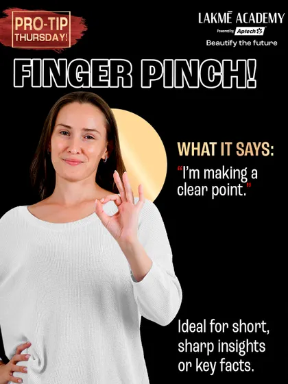 The finger pinch gesture helps in making a clear, sharp point. It's ideal for emphasizing key facts or insights during a client consultation. We help you master these nuances of professional communication.