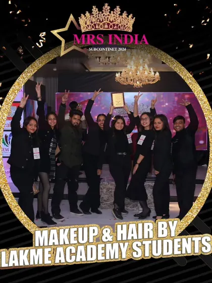 Celebrating a big win. Our talented students are on stage, holding a trophy for their outstanding makeup and hair styling work at the Mrs. India Subcontinent 2024 pageant. We create opportunities for you to shine on a national stage.