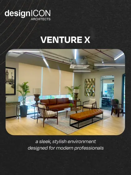The main lounge area at VentureX IFFCO Chowk, designed as a sleek and stylish environment for modern professionals. The space features a mix of leather sofas, armchairs, and contemporary decor.