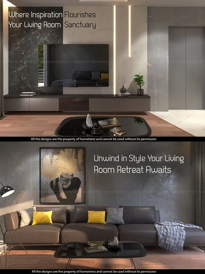 Two living room concepts in one image. The top design features a TV unit with a black marble-finish backdrop, while the bottom shows a more minimalist setup with a large piece of art as the focal point.