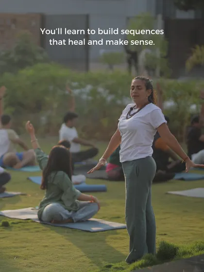 Our 300-hour yoga therapy course teaches you to build sequences that heal. Here, Neelam Mangat guides a class outdoors, focusing on mindful movement and breath to create a truly restorative experience.