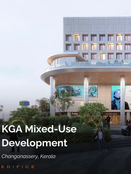 The KGA Mixed-Use Development in Changanassery, Kerala. This project integrates retail, a hotel, and banqueting facilities, creating a new urban landmark for the city.