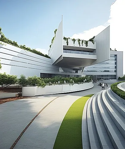 A street-level view of the concept, showing the terraced entrance and cantilevered volumes.
