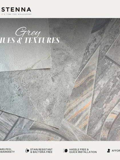 Explore the versatility of grey with these textured wallpaper samples. Combining stone, marble, and abstract textures in various grey hues, this shows how you can layer different patterns for a sophisticated, modern look.