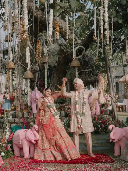 The pure, unscripted joy of Apsara and Pranjal right after their varmala. These are the real, energetic moments that make a wedding day so special.