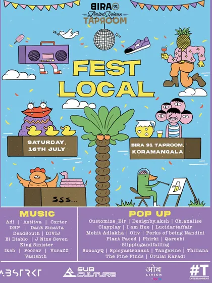 The lineup for "Fest Local" at the Bira 91 Taproom, a multi-stage event where I performed alongside a diverse range of artists and pop-ups.