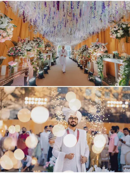 A collage showing the groom's energetic entry and the stunning floral decor of the wedding aisle.