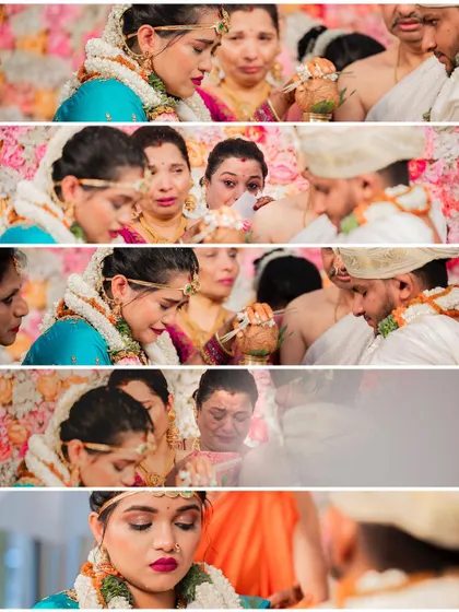 This collage captures the range of emotions during a wedding ceremony. You can see the bride's makeup looks just as fresh and beautiful in moments of joy as it does in moments of heartfelt emotion.