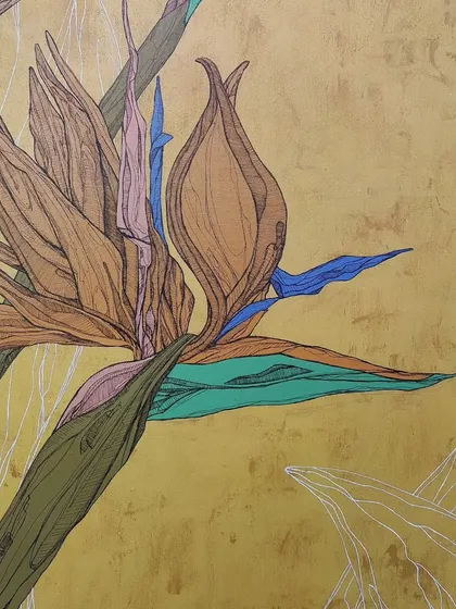 A close-up of a Bird of Paradise flower, painted with fine-line details and touches of color on a textured gold background. This piece highlights the delicate structure of the flower.