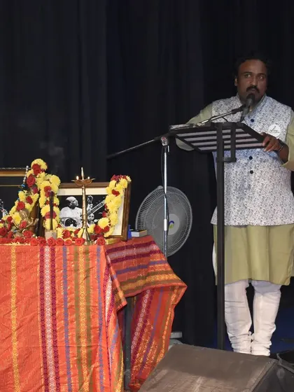 Addressing the audience during the Gurupoornima celebration. I believe music is something to be shared, and these events are for that purpose.