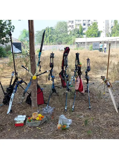 Our bows and equipment lined up for the Shastra Pooja. We treat our gear with respect, as it is the tool of our craft.