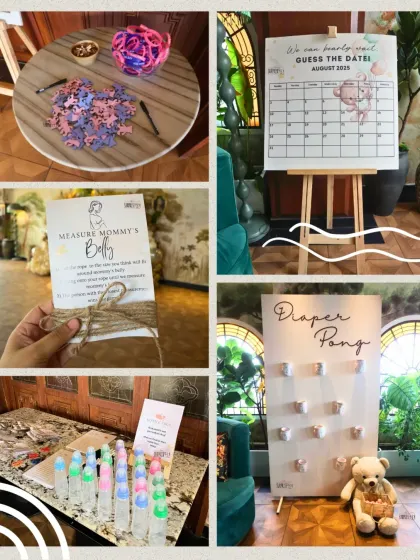 A collage of the fun activities at a teddy-themed baby shower. We had "Diaper Pong," "Guess the Date," "Measure Mommy's Belly," and a puzzle station to keep guests entertained.