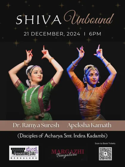 The poster for "Shiva Unbound," a Bharatanatyam duet featuring my disciples Dr. Ramya Suresh and Apeksha Kamath. This energetic performance explores the many facets of Lord Shiva.