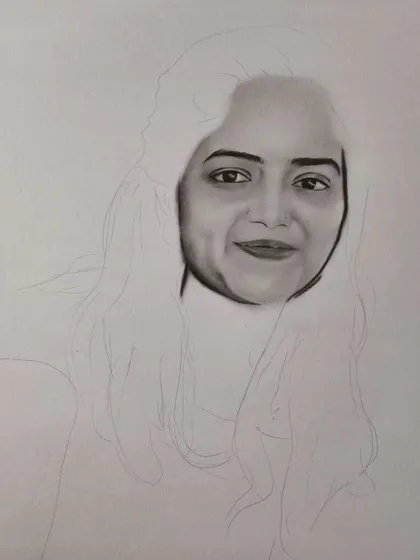 A work-in-progress shot of a woman's portrait, with the face rendered.