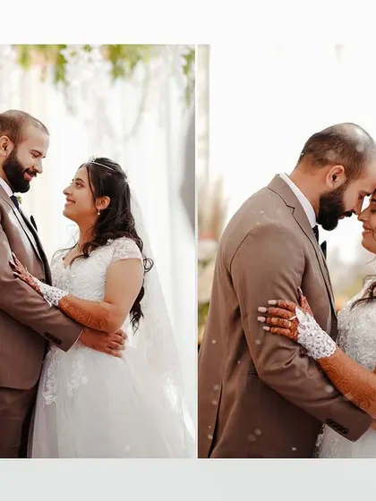 An intimate portrait of the bride and groom after their Christian wedding ceremony. Their happy smiles and close embrace show the joy of the moment.