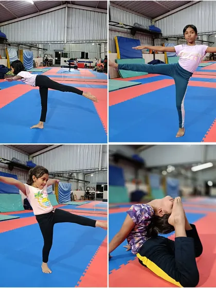 This collage highlights various balance and flexibility poses. From leg holds to deep backbends, our gymnasts are constantly working to improve their control and range of motion.