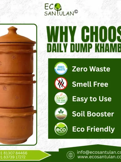 The Daily Dump Khamba is not just a composter; it's a soil booster. This image highlights its key features: it's zero-waste, smell-free, easy to use, and eco-friendly, making home composting simple.