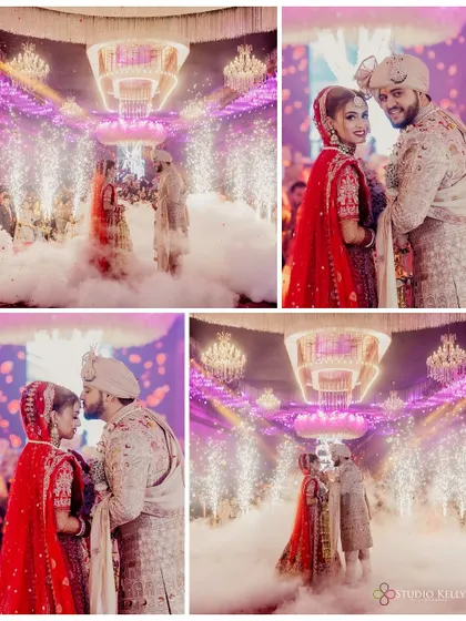 A collage of the couple's Varmala ceremony, with fireworks and a grand stage.