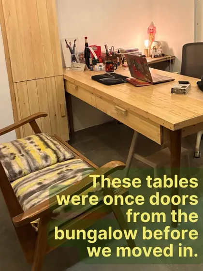 Sustainability is in our DNA. These beautiful wooden tables in our salon weren't bought, they were born from old doors we found in the bungalow before we moved in. We believe in giving things a second life.